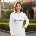 A person wearing a white long sleeve t-shirt with 'Zacatecas' written in a stylized font, in an athletic heather color.