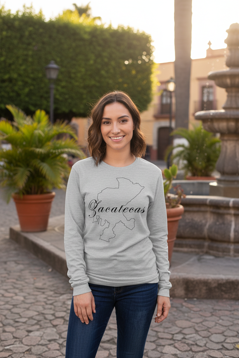 A woman stands outdoors in a plaza wearing a light gray long-sleeve crewneck sweatshirt with a black outline map of Zacatecas and the word 'Zacatecas' printed across the chest, paired with dark blue jeans.