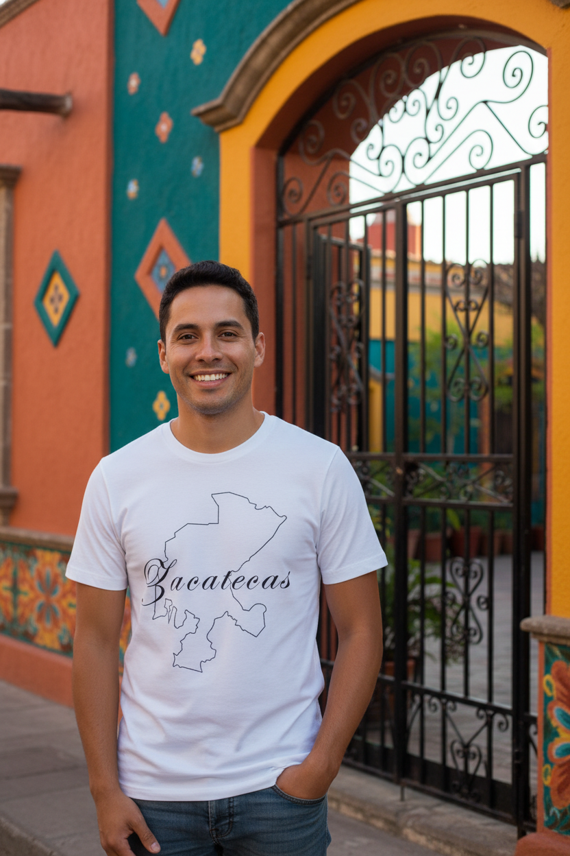 A smiling man wearing a white graphic t-shirt with a black outline map of Yucatecos and the word 'Yucatecas' in script, standing in front of a colorful mural wall and an arched black metal gate.