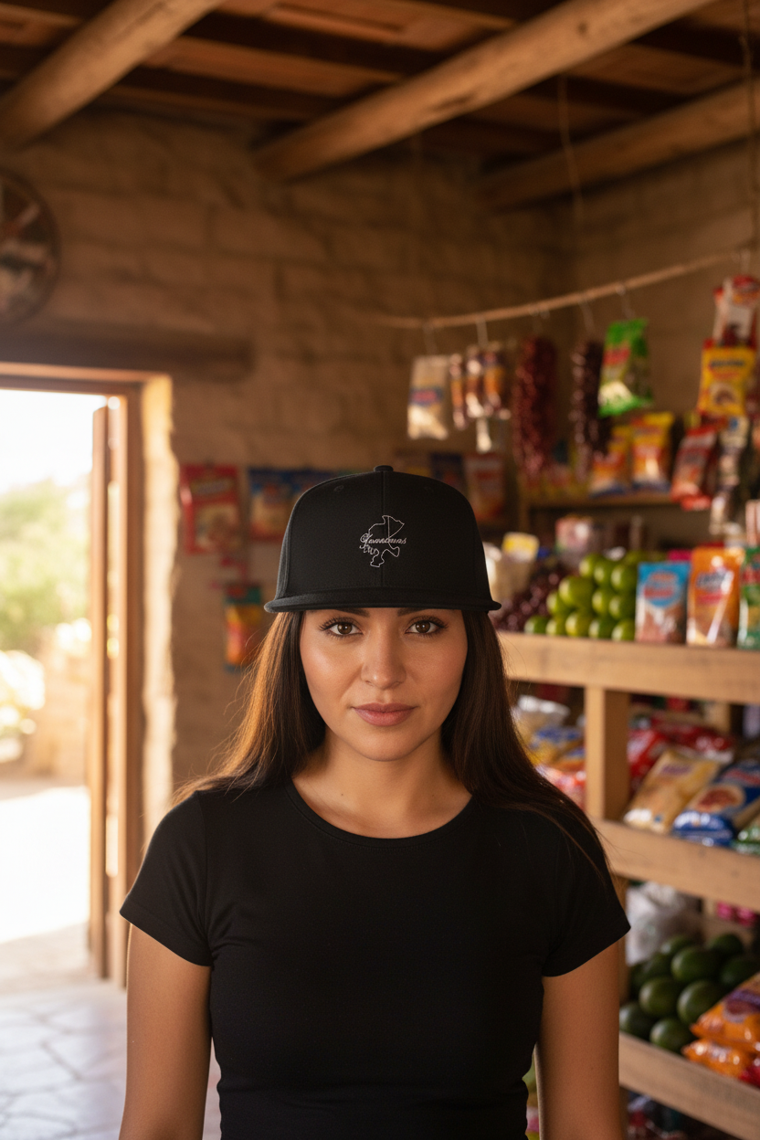A woman wearing a black baseball cap with a small white embroidered logo, standing in a rustic shop interior with shelves of snacks and limes in the background.