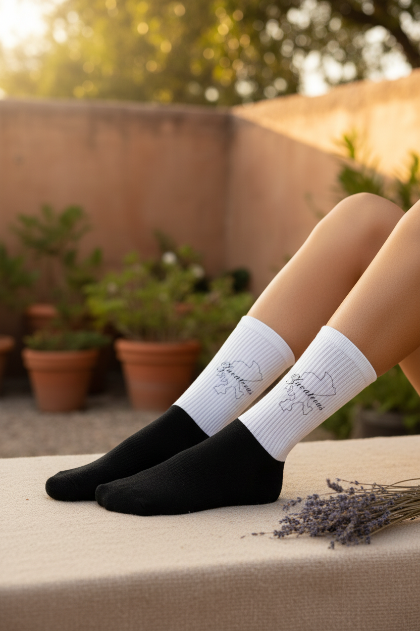 A person's legs wearing black and white crew socks with a butterfly graphic, sitting on a beige stone ledge with potted plants in the background.