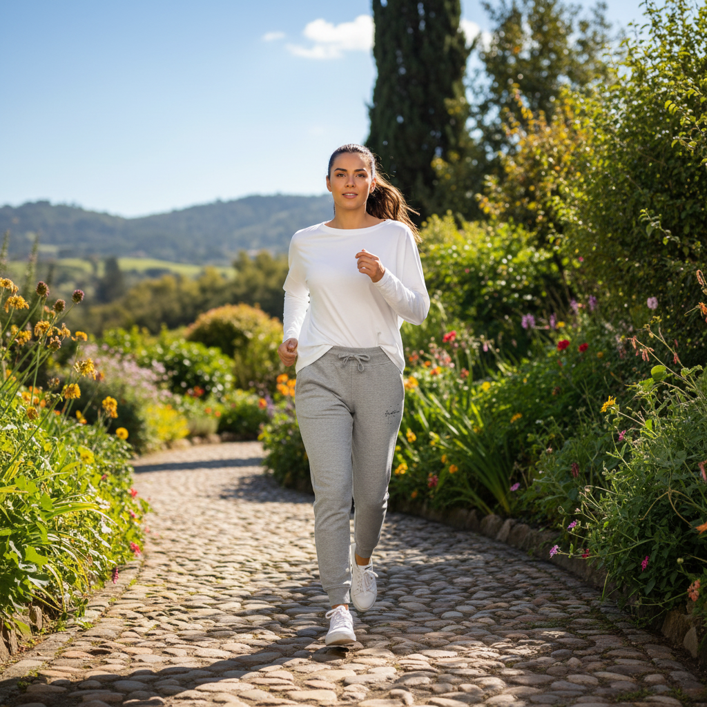 A woman jogging on a cobblestone path in a lush green garden, wearing a white long-sleeve top, light gray drawstring sweatpants, and white sneakers.