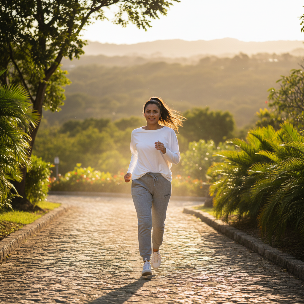 A woman jogging on a sunlit cobblestone path surrounded by lush green trees and plants during golden hour.