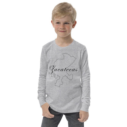 A young person wearing a long sleeve gray t-shirt with the text 'Zacatecas' on it.