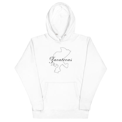 A white unisex hoodie with a hood and a front pouch pocket, featuring a black graphic of a map on the front.