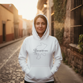 A white unisex hoodie with a hood and a front pouch pocket, featuring a black graphic of a map on the front.