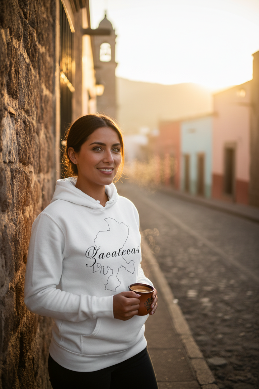 A man wearing a gray unisex sweatshirt with the text 'Zacatecas' printed on the front.