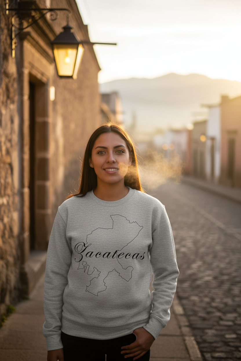 A female wearing a gray unisex sweatshirt with the text 'Zacatecas' printed on the front.