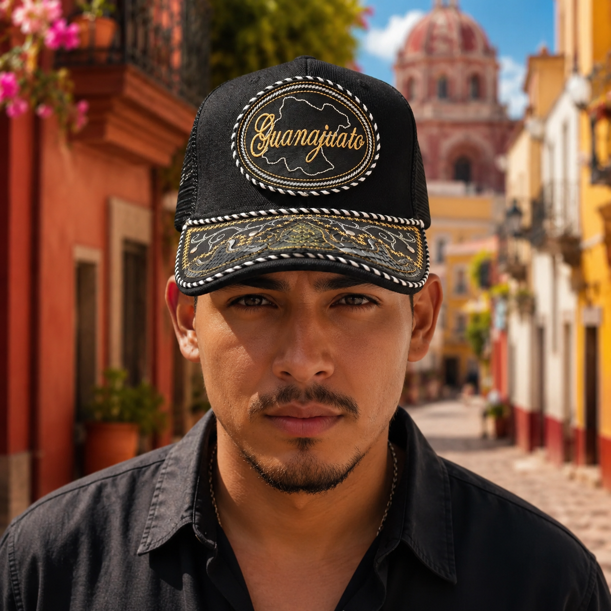 A man wearing a black trucker-style cap with embroidered details and the word 'Guanajuato' on the front, photographed outdoors on a sunlit street with colorful buildings in the background.
