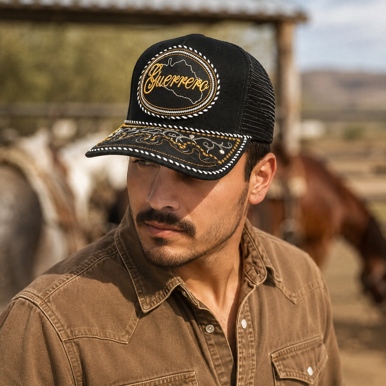 A Mexican model wearing a black Guerrero charro-style hat in a ranch setting with horses in the background. The embroidered Guerrero name and map design are clearly visible on the front.