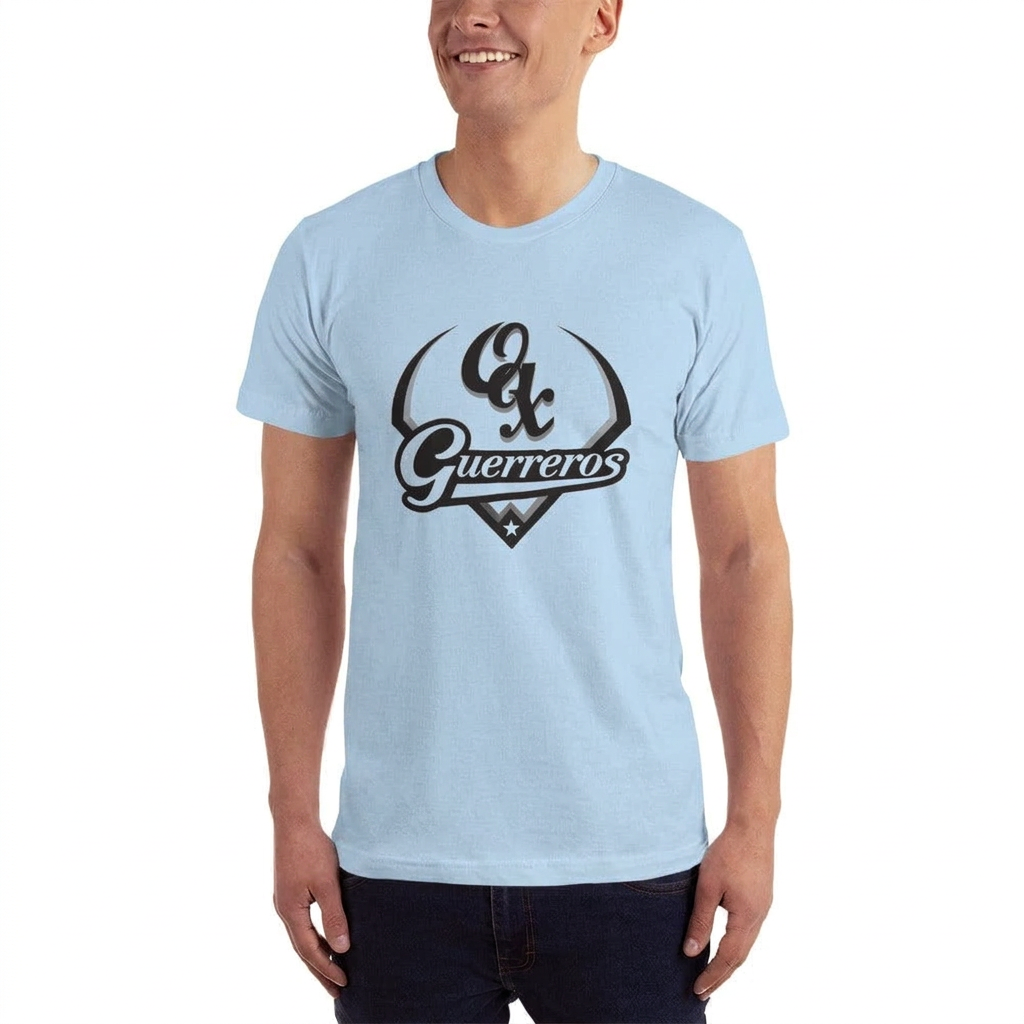 Light blue unisex jersey T-shirt with crew neck and “Guerreros” chest graphic