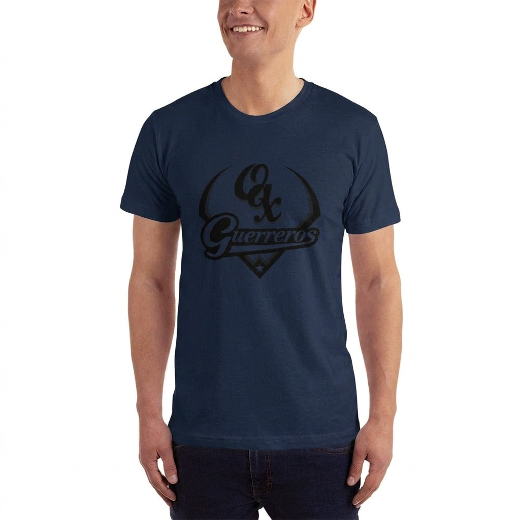Navy unisex jersey T-shirt with crew neck and “Guerreros” chest graphic