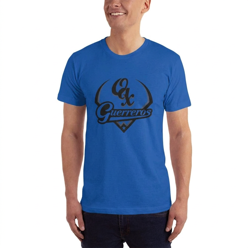 Royal blue unisex jersey T-shirt with crew neck and “Guerreros” chest graphic