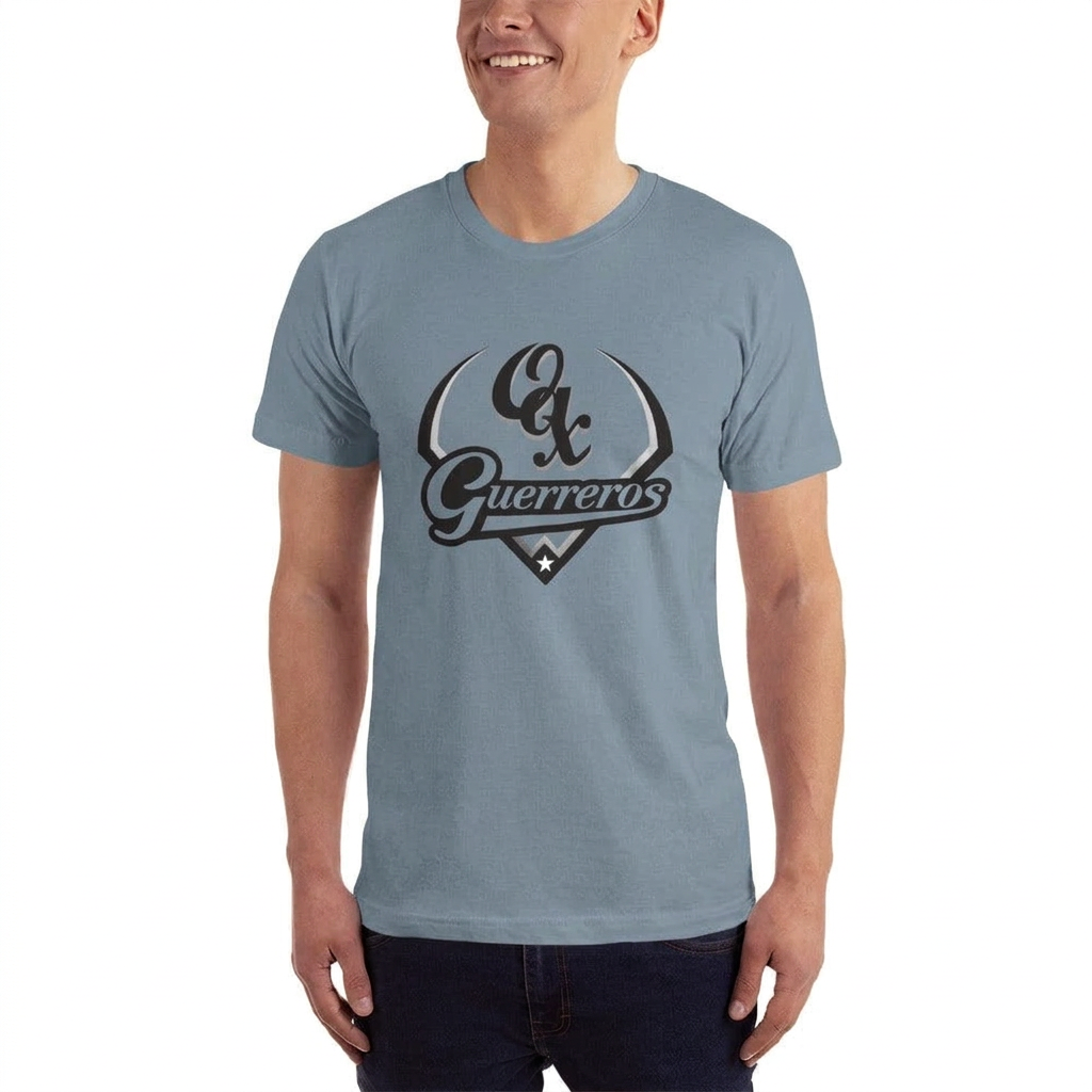 Blue-gray unisex jersey T-shirt with crew neck and “Guerreros” chest graphic