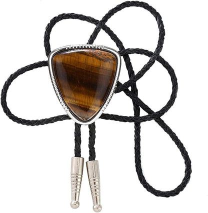 Brown tiger-eye teardrop bolo tie with braided black cords and silver-look frame.