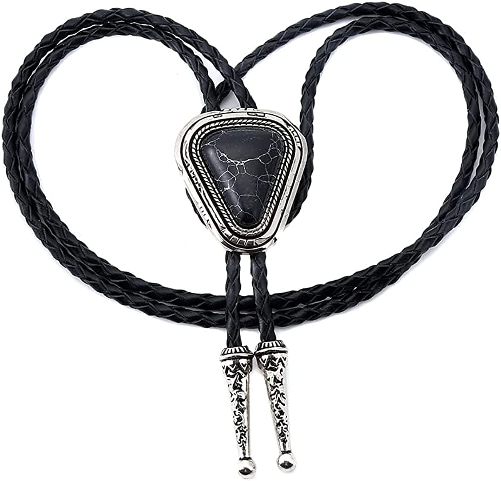 KDG Triangle Nature Agate Shape Bolo Tie Western Cowboy Celtic Black Stone Necktie For Men