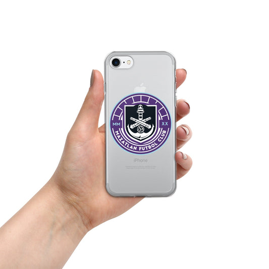 iPhone case featuring the Club Mazatlan FC logo in circular design on a clear background with a purple and white color scheme.