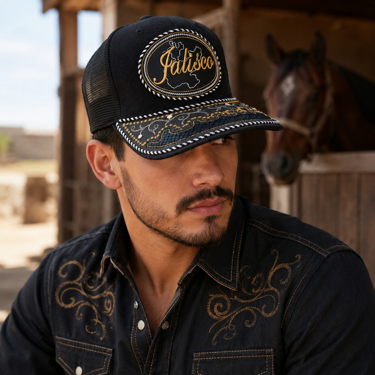 A Mexican model wearing a black Jalisco charro-style hat at a charro ranch near a horse stable. The embroidered Jalisco name and map design are clearly visible on the front.