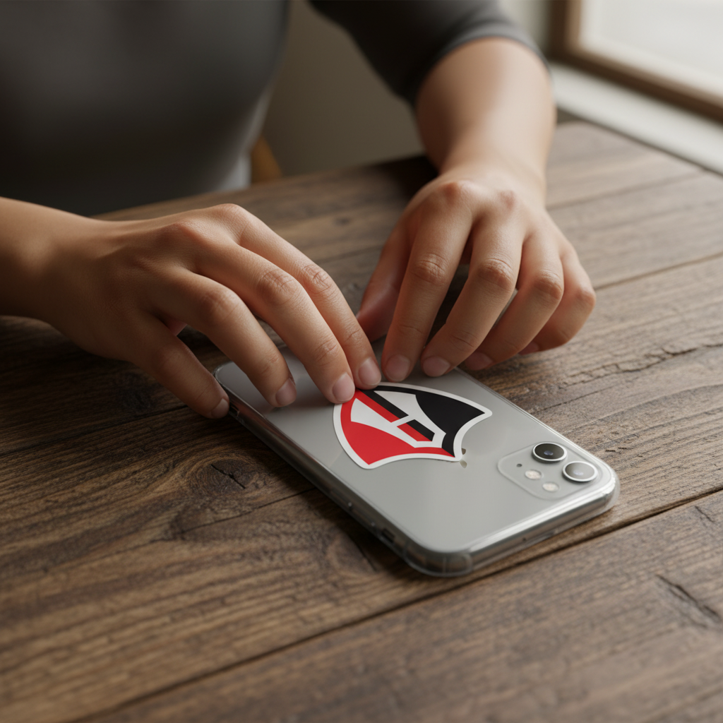 Hands applying a die-cut bubble-free sticker of the Atlas F.C. logo onto a silver smartphone placed on a wooden table — featuring a red and black shield with a white “A,” symbolizing the Mexican football club’s identity and tradition.