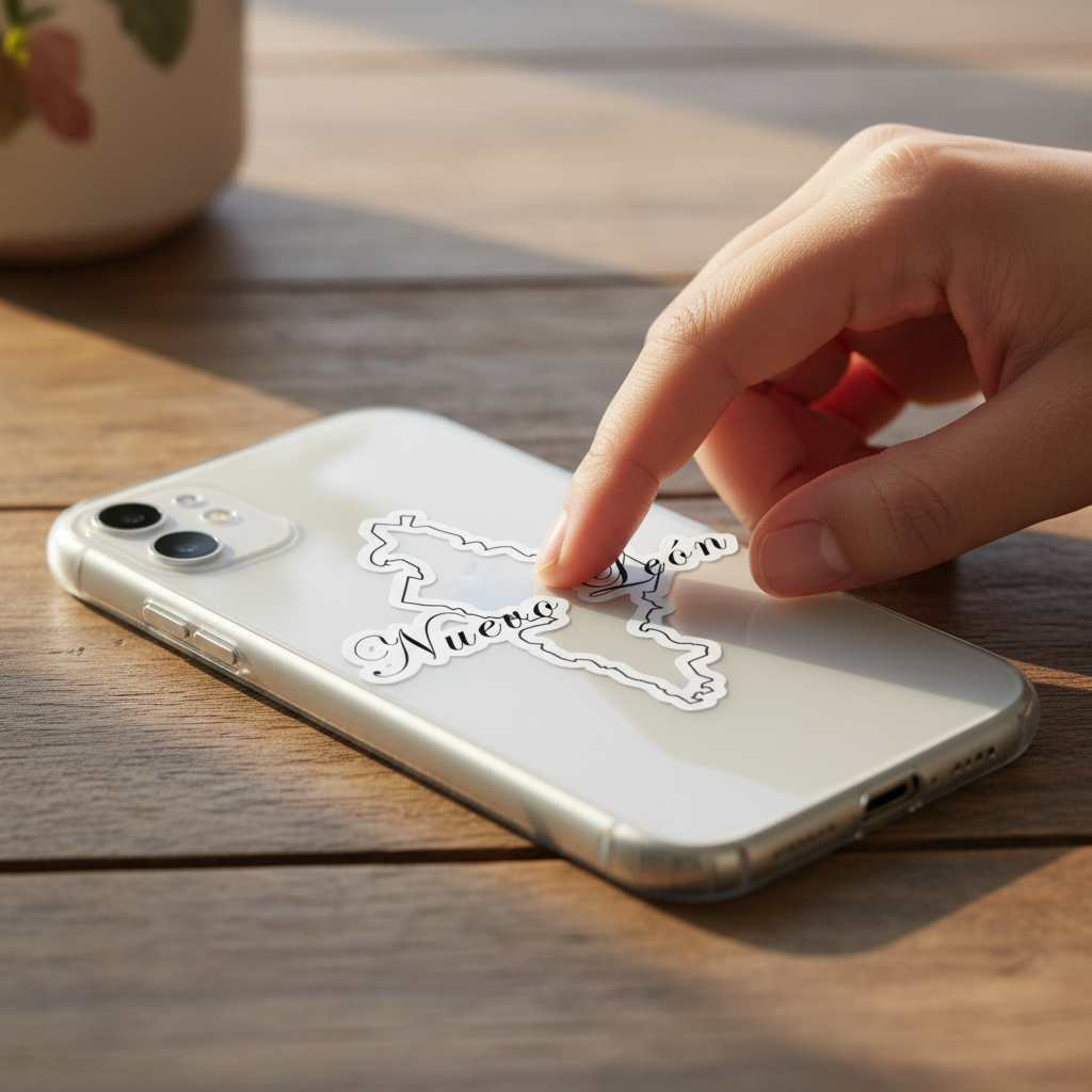 Hand pressing a die-cut bubble-free sticker of the Yucatán Peninsula outline with cursive text reading “Mérida Yucatán” onto a silver smartphone — symbolizing Mexican regional pride and minimalist design.