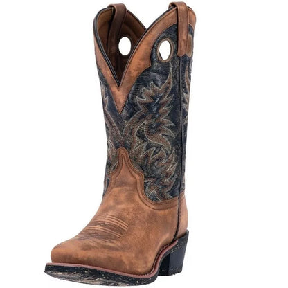 Men's mid-calf square-toe dress boots in tan with dark embroidered accents