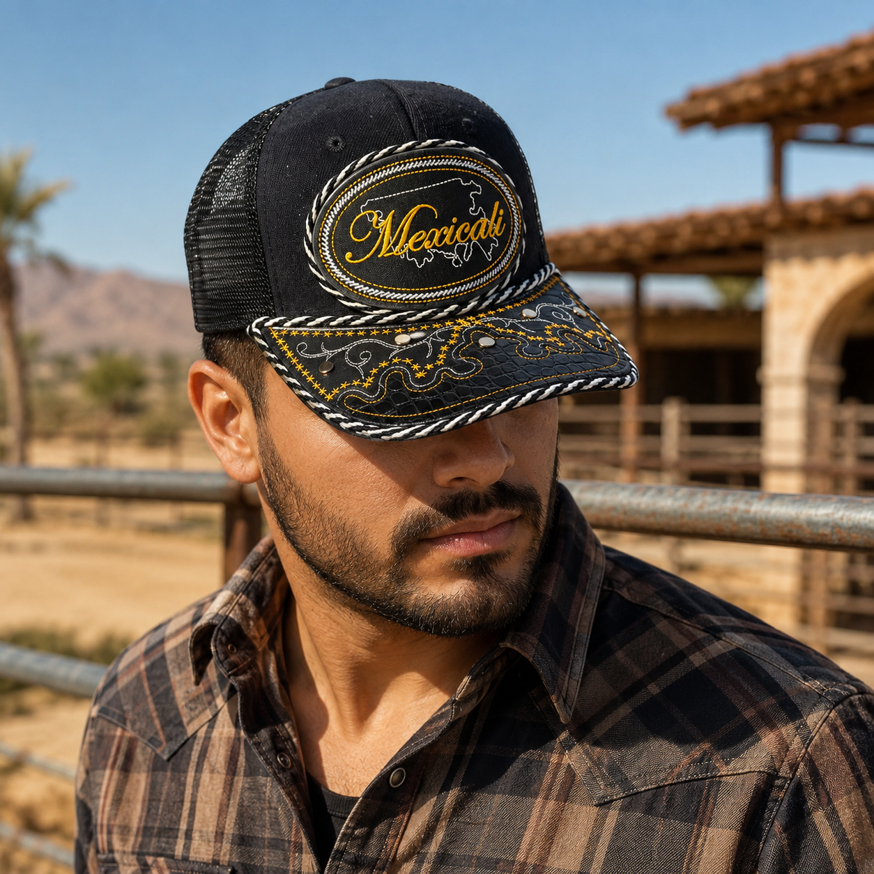 Mexican man wearing a black embroidered “Mexicali” trucker hat at a desert ranch with mountains in the background.