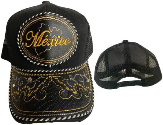 Gorra de Mexico Hat, Adjustable Unisex, Charro Style, Polyester/Acrylic, Embroidered Snake Skin Design in Black