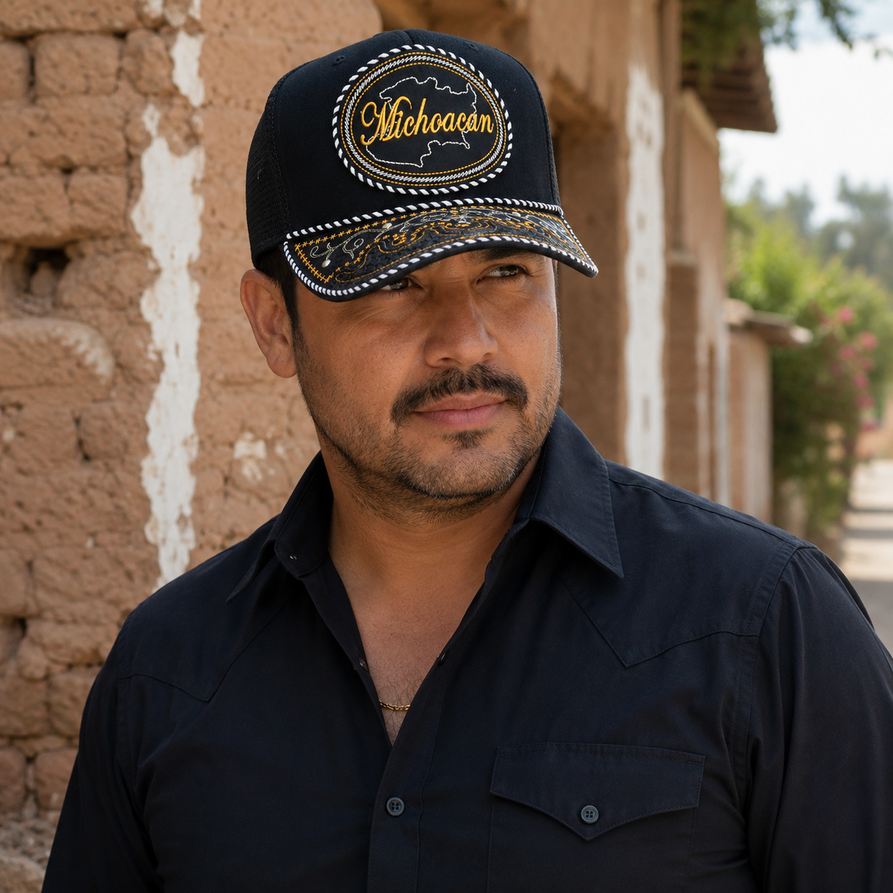A Mexican model wearing a black Michoacán charro-style hat on a rustic village street with adobe walls. The embroidered Michoacán name and map design are clearly visible on the front.