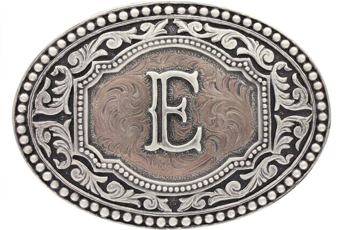 Western oval belt buckle with engraved two-tone E initial and scroll border