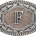 Western oval belt buckle with engraved two-tone F initial and scroll border