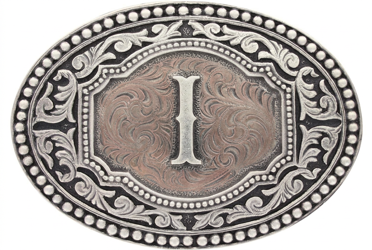 Two-tone western oval belt buckle with raised letter I and decorative scrollwork