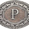 Two-tone western oval belt buckle with raised letter P and detailed engraving