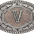Two-tone western oval belt buckle with raised letter V and ornate beaded edge