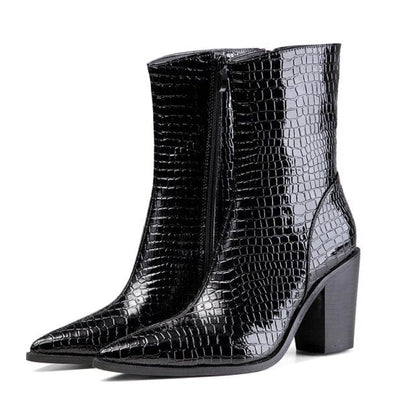Black leather high-heel ankle boots with side zipper and glossy croc texture