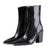 Black leather high-heel ankle boots with side zipper and glossy croc texture