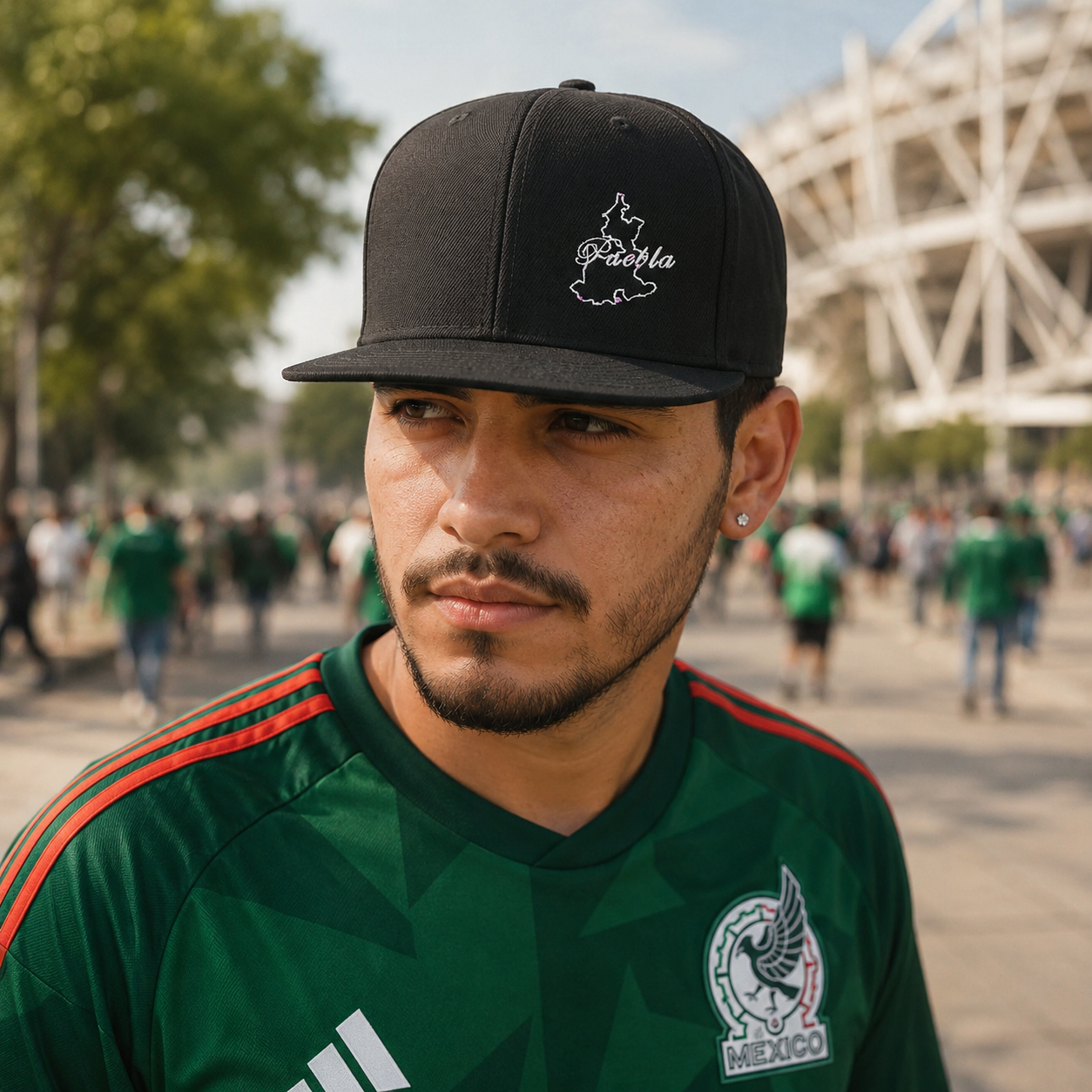 A man wearing a black baseball cap with a white embroidered 'Puebla' outline logo and a green Mexico soccer jersey, photographed outdoors in front of a stadium with blurred people in the background.