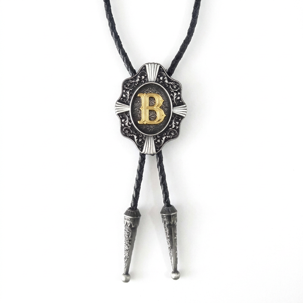 Gray bolo tie with ornate silver pendant and gold letter B center.