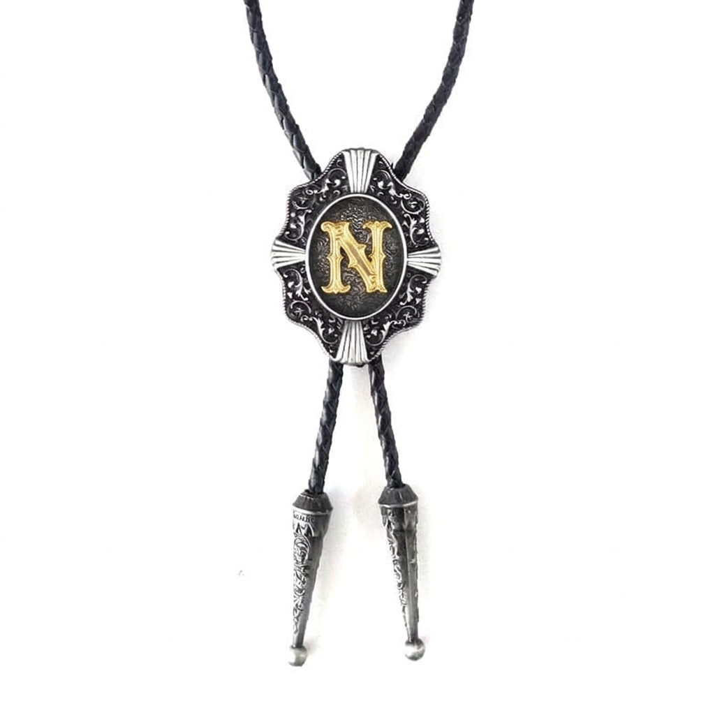 Gray bolo tie with ornate silver pendant and gold letter N center.