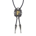 Gray bolo tie with ornate silver pendant and gold letter P center.