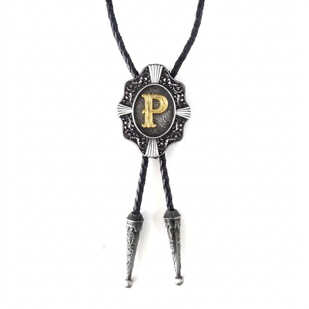 Gray bolo tie with ornate silver pendant and gold letter P center.