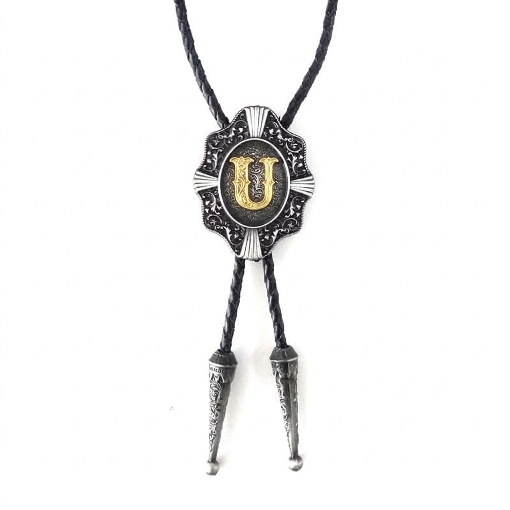 Gray bolo tie with ornate silver pendant and gold letter U center.
