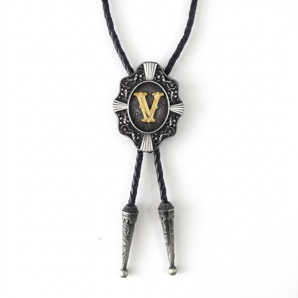Gray bolo tie with ornate silver pendant and gold letter V center.
