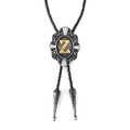Gray bolo tie with ornate silver pendant and gold letter Z center.