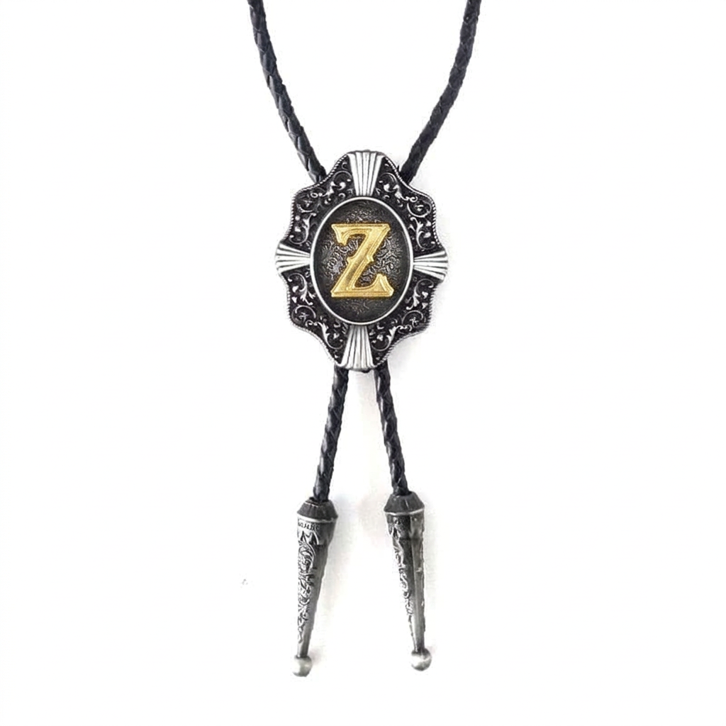 Gray bolo tie with ornate silver pendant and gold letter Z center.
