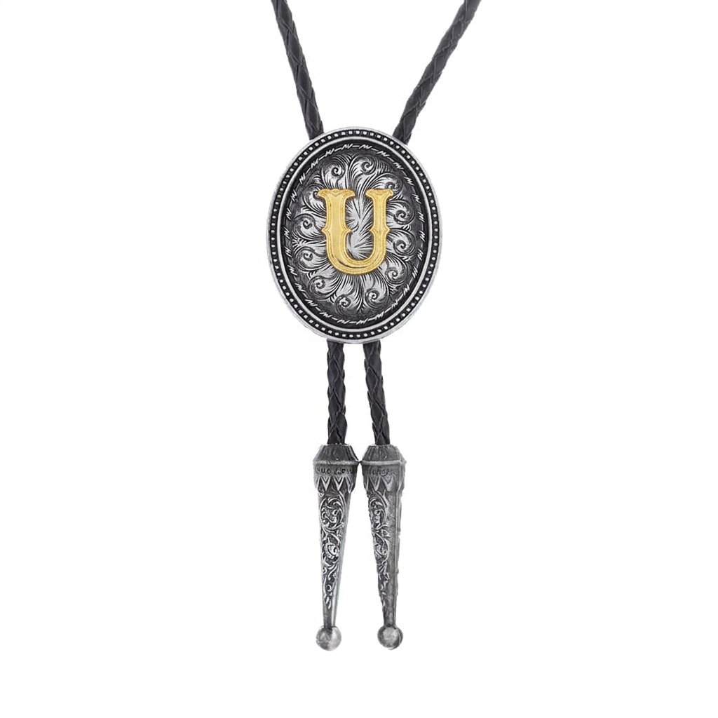 Oval silver bolo tie with gold letter U pendant and black braided cords, engraved tips