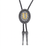 Oval silver bolo tie with gold letter U pendant and black braided cords, engraved tips