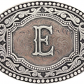 Western oval belt buckle with engraved two-tone E initial and scroll border