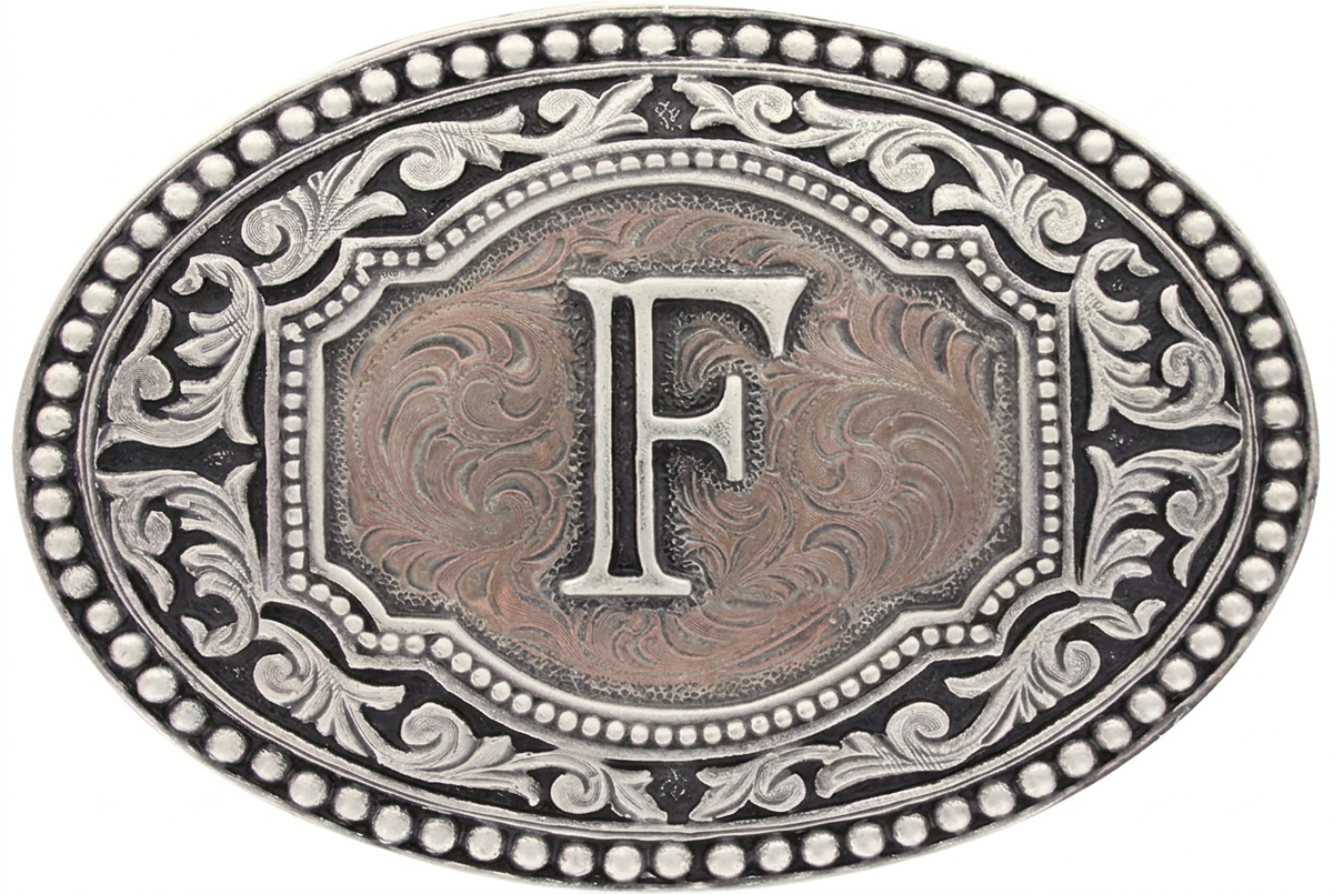 Western oval belt buckle with engraved two-tone F initial and scroll border