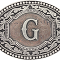 Western oval belt buckle with engraved two-tone G initial and scroll border