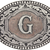 Western oval belt buckle with engraved two-tone G initial and scroll border